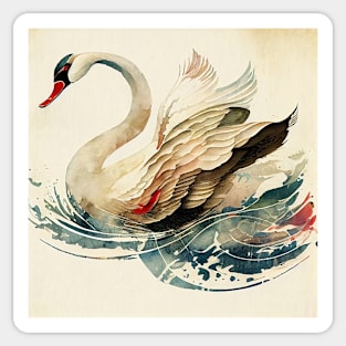 Vintage Japanese style Watercolor of a Swan Sticker